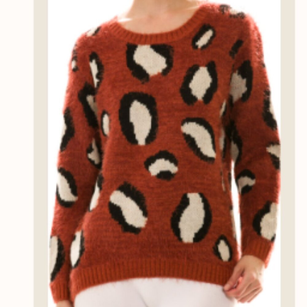 NWT Easel Orange Fuzzy Leopard Print Sweater Size L Oversized Crewneck Pullover